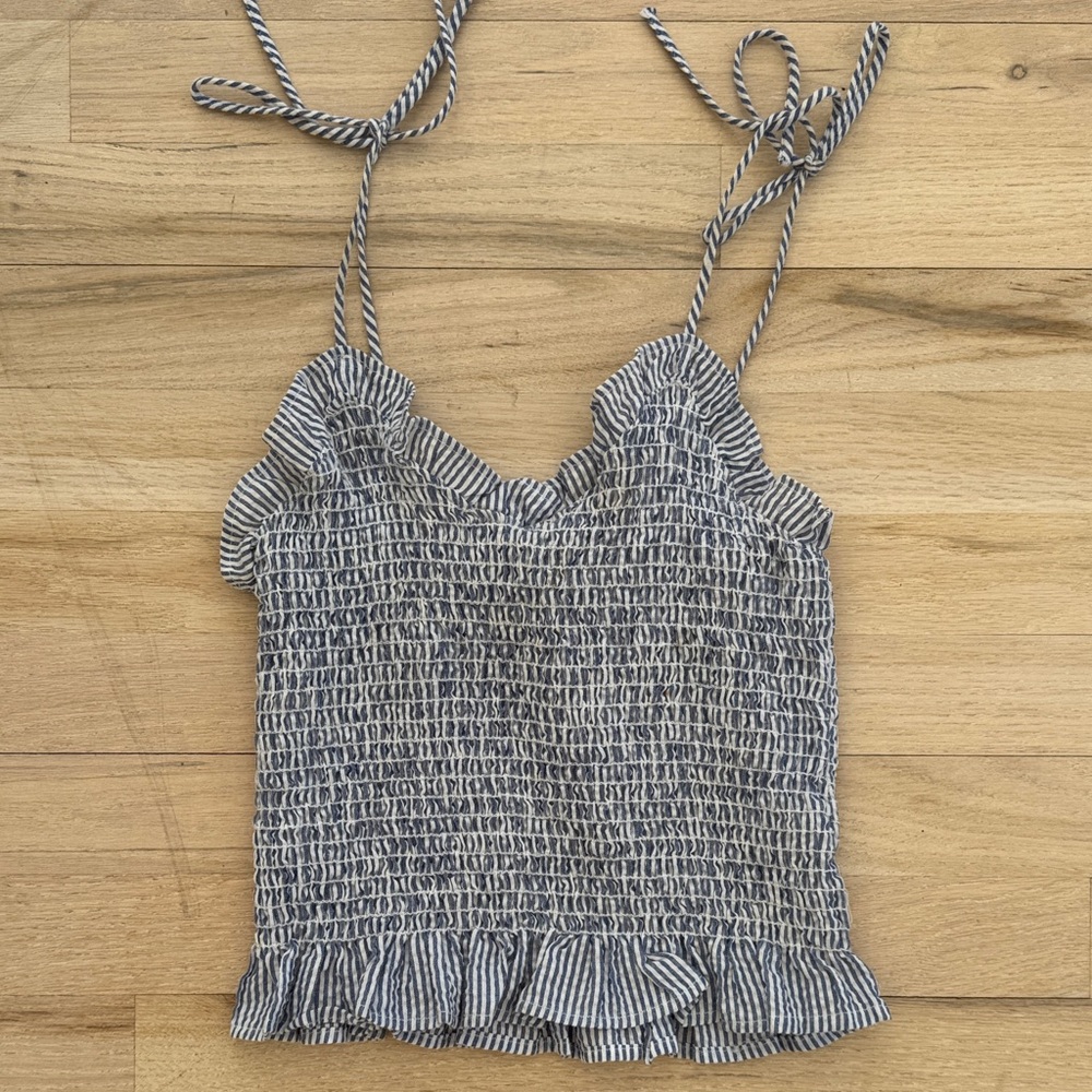 Emory Park Smocked Seersucker tie strap ruffle camisole top, Blue/White, Small